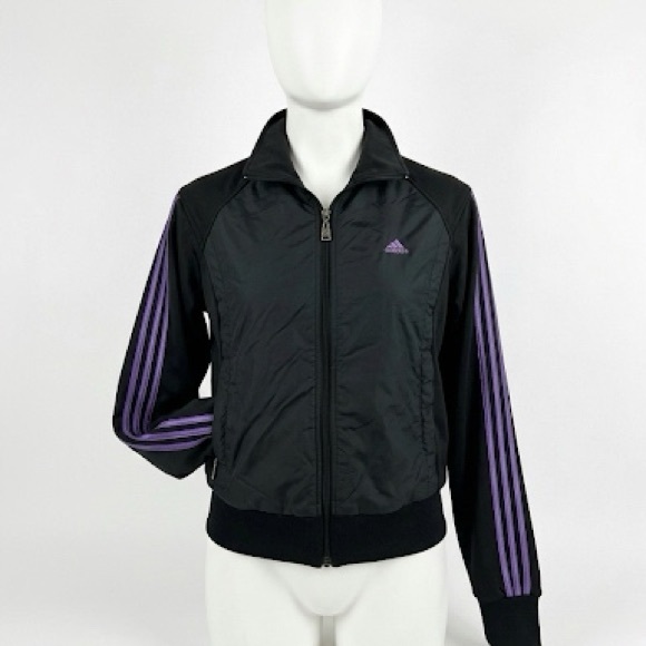 adidas Jackets & Blazers - Vintage Y2K Adidas Women's Black Windbreaker Jacket with Three Purple Stripes